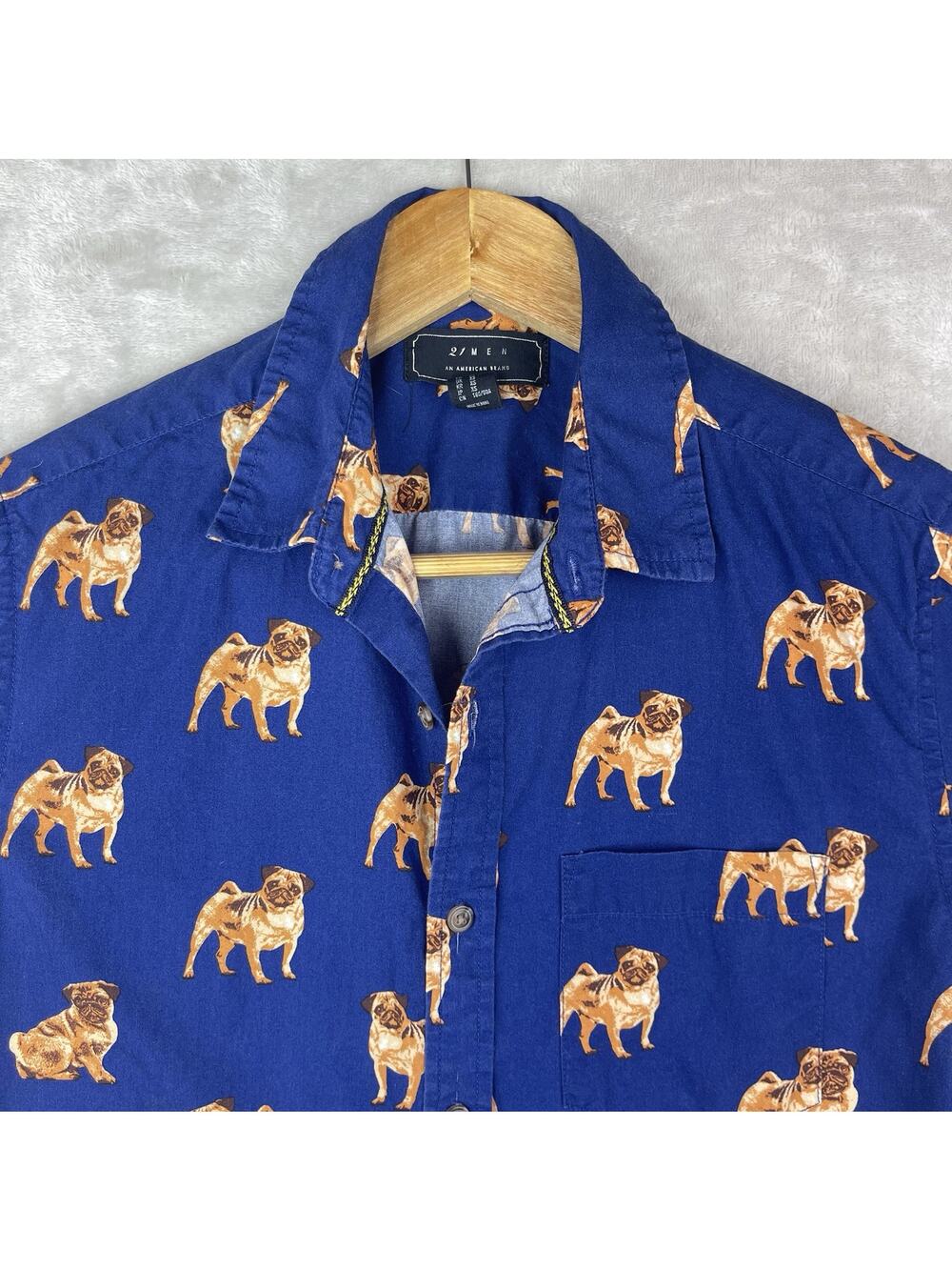 Forever 21 Men's XS Pug Print Blue Shirt Short Sleeve Kitsch Campcore Kidcore